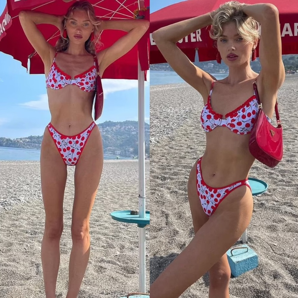 Heavy Manners x Elsa Hosk Side Tie Cheeky Bottoms Cherry on top Size Medium NEW!